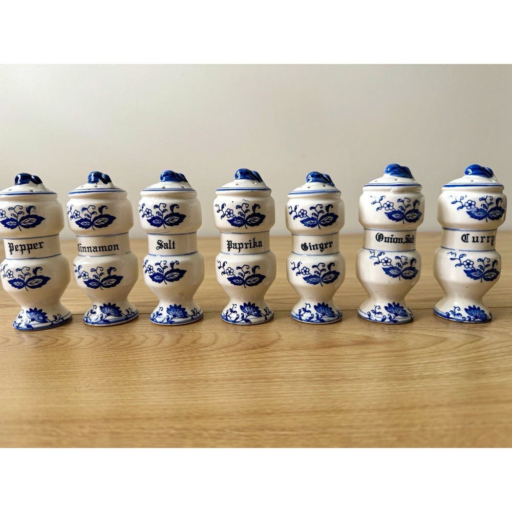 Vintage Blue Onion Ceramic Spice Shakers Set of 7 Blue White Floral 4.25in